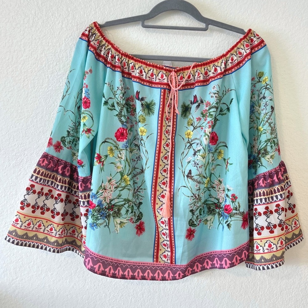 Boho Festival Light Blue Floral Boho‎ Off Shoulder Bell Sleeve Peasant Top Sz S